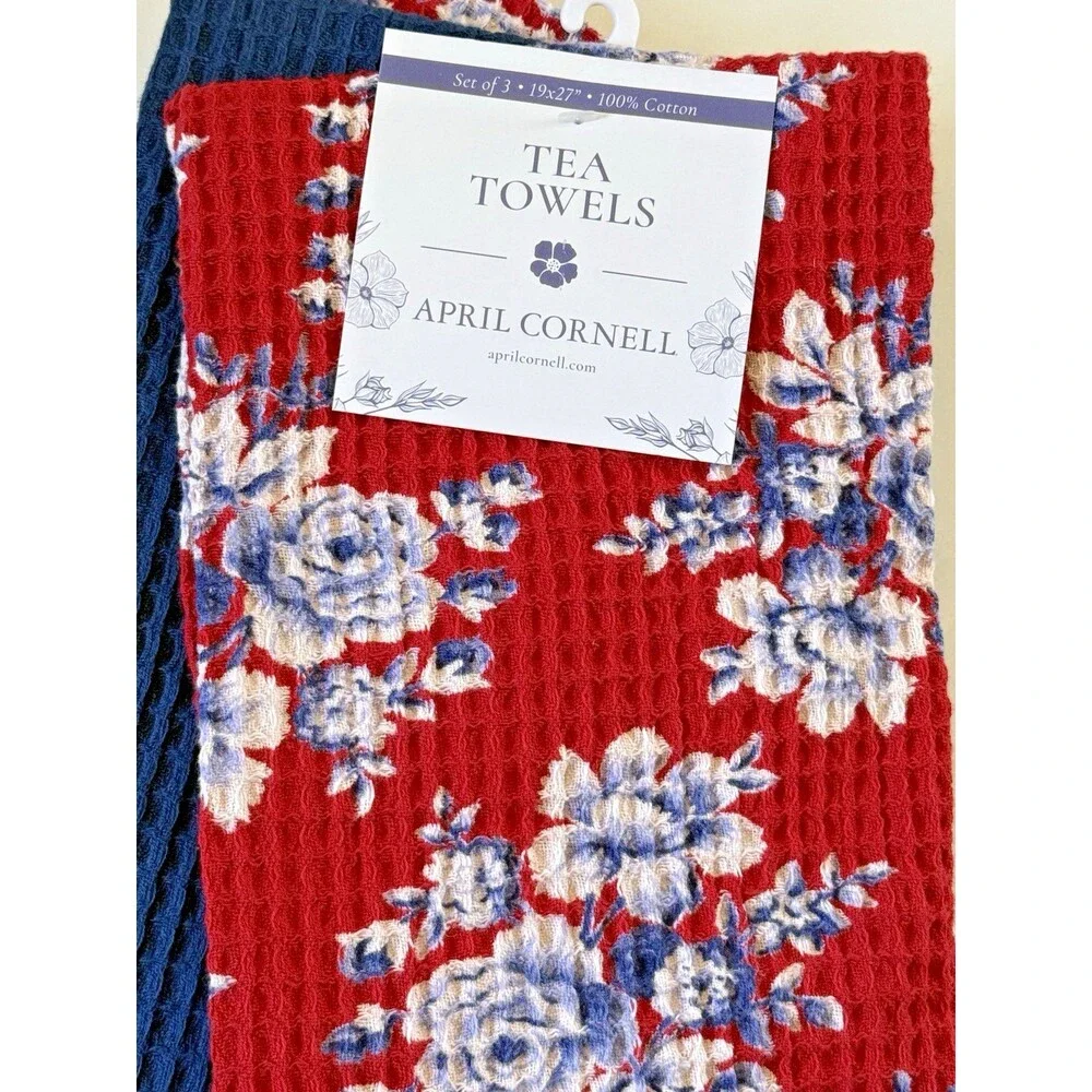 April Cornell Kitchen (3) Dish Towels Willa Rose Waffle Weave Red White Blue